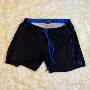 Mens Shoot Black hybrid swim Shorts blue trim mesh liner large 5” inseam
